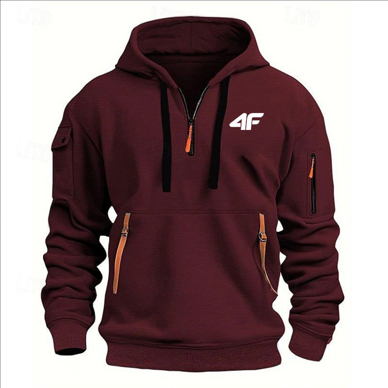 2025 Men's hooded sweater casual sports jumper vintage Harajuku long sleeve zipper multi-pocket casual loose coat Street