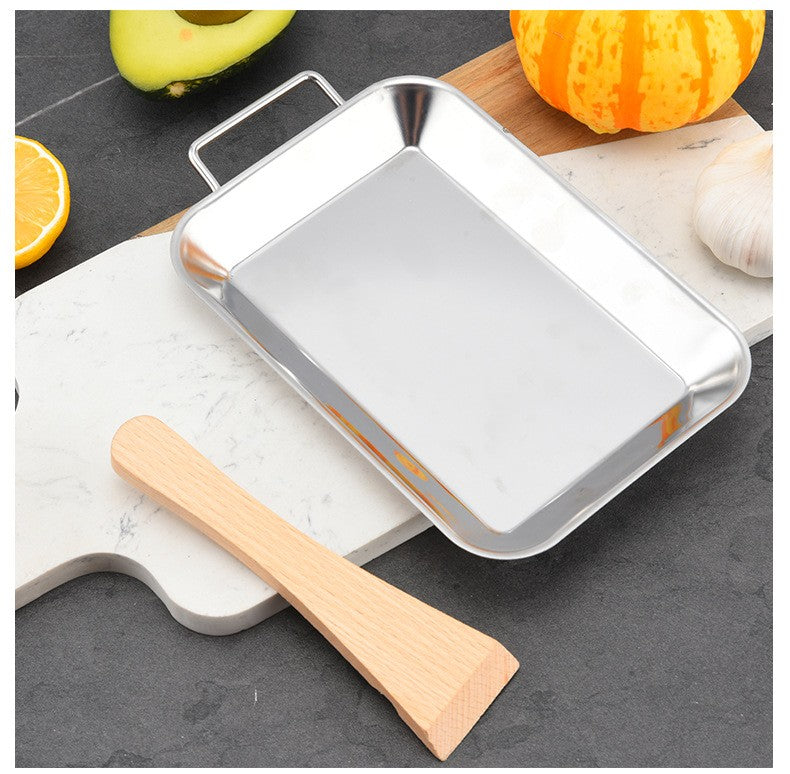 Stainless Steel Rectangle Plate Removable Anti-scalding Wooden Handle Tray Barbecue Grill for Outdoor BBQ  Sushi Tray, Cake Tray