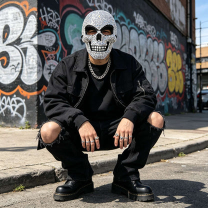 Horror Skull Mask for Halloween Party, Rhinestone Decorated Face Cover, Unisex Costume Accessory, Perfect for Men and Women