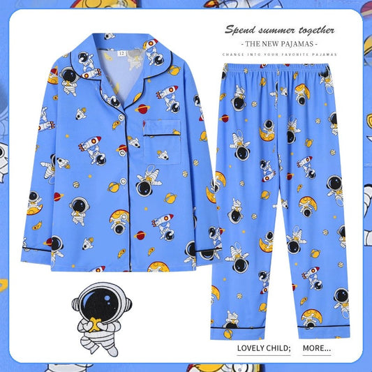 Space Theme Boys Pajama Sets Astronaut Long Sleeve Sleepwear with Galaxy Print Button Down Collar PJs for Kids Loungewear Outfit