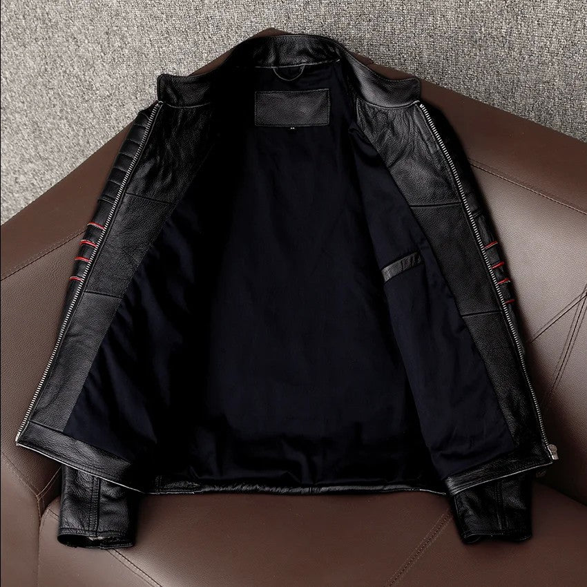 Men's Spring Original Leather Motorcycle Jacket 2025 Skull Embroidery Top Layer Cowhide Clothing Slim Fit Black Slim Male Coat
