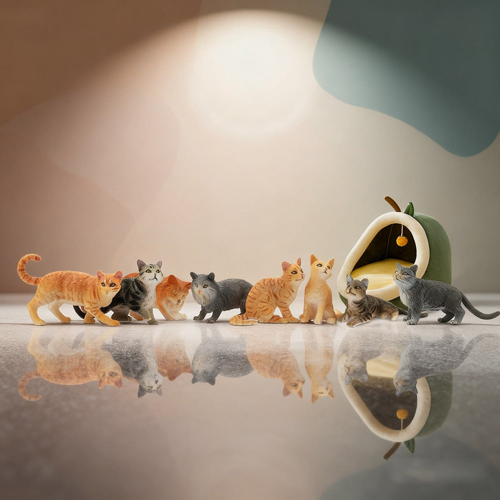 Toymany 8Pcs Grey & Orange Cat Figures, Simulation Pet Animal Model Toys for Kids Children Gift Set, Mini Collectible