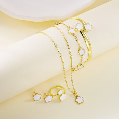 Conjunto 5 peças Pulseiras Femininas Coloridas de Esmalte com Flor de Ameixa Colar Brincos Flor de Cinco Folhas da Sorte Joias Elegantes para Festas Presentes