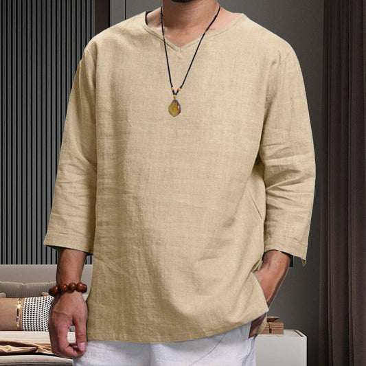 Cotton And Linen Men New 3/4 Sleeve Loose Solid Casual Large Pullover Shirt Leisure Summer Spring Long Sleeves Men Casual Shirt