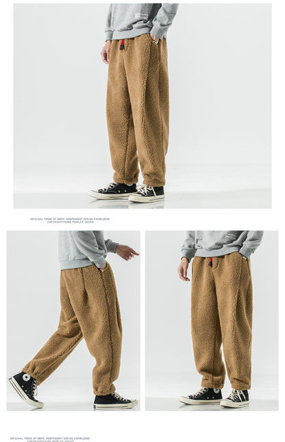 Winter Men's Lamb Wool Casual Pants Fleece Warm Elastic Waist Sweatpants Solid Thick Harem Pants Male Vintage Joggers Trousers