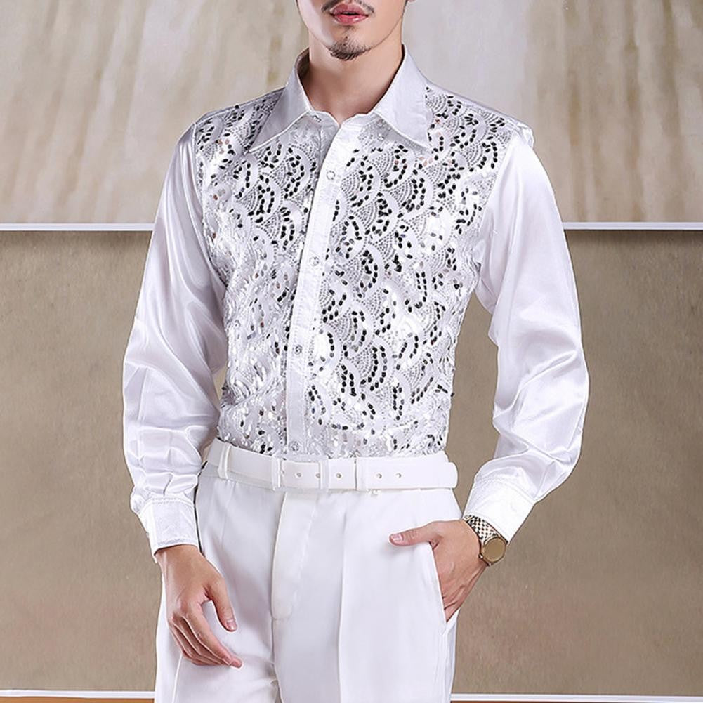 Men Sequins Shirt Adult Lapel Long Sleeved Dance Performance Shirt Costume Wedding Stage Shirt Slim Fit Casual Men Shirts Tops