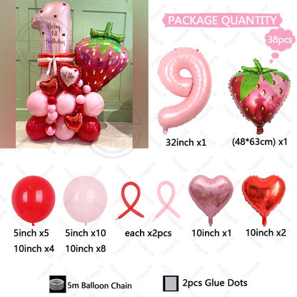 38pcs Strawberry Balloon Pink Number Birthday Balloon Set Fruit Theme Party Decoration Festival Balloon Photography Props