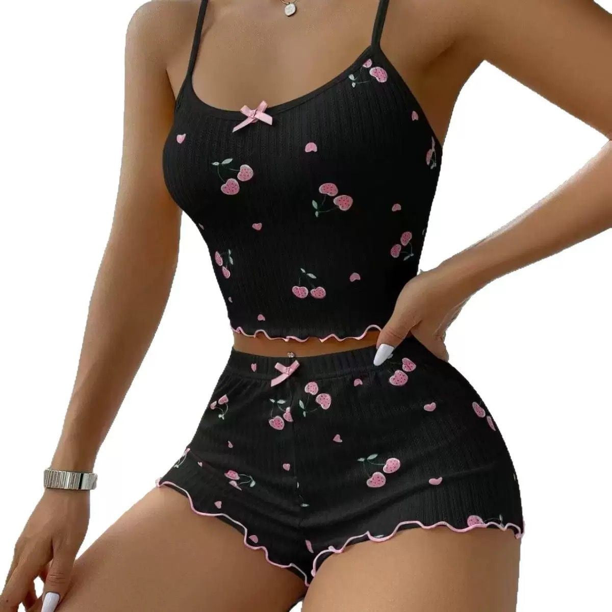 Women’s Summer Pajama Set – Heart Print Ribbed Backless Crop Top & Shorts with Bow Detail