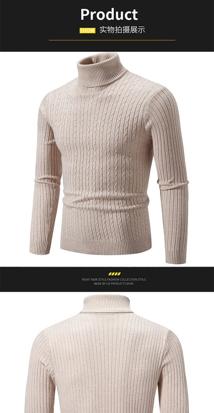 Autumn and Winter Men's Sweater Thin Elastic Fine Knitted Warm Top Versatile High Neck Solid Color Tight Fitting Pullover Top
