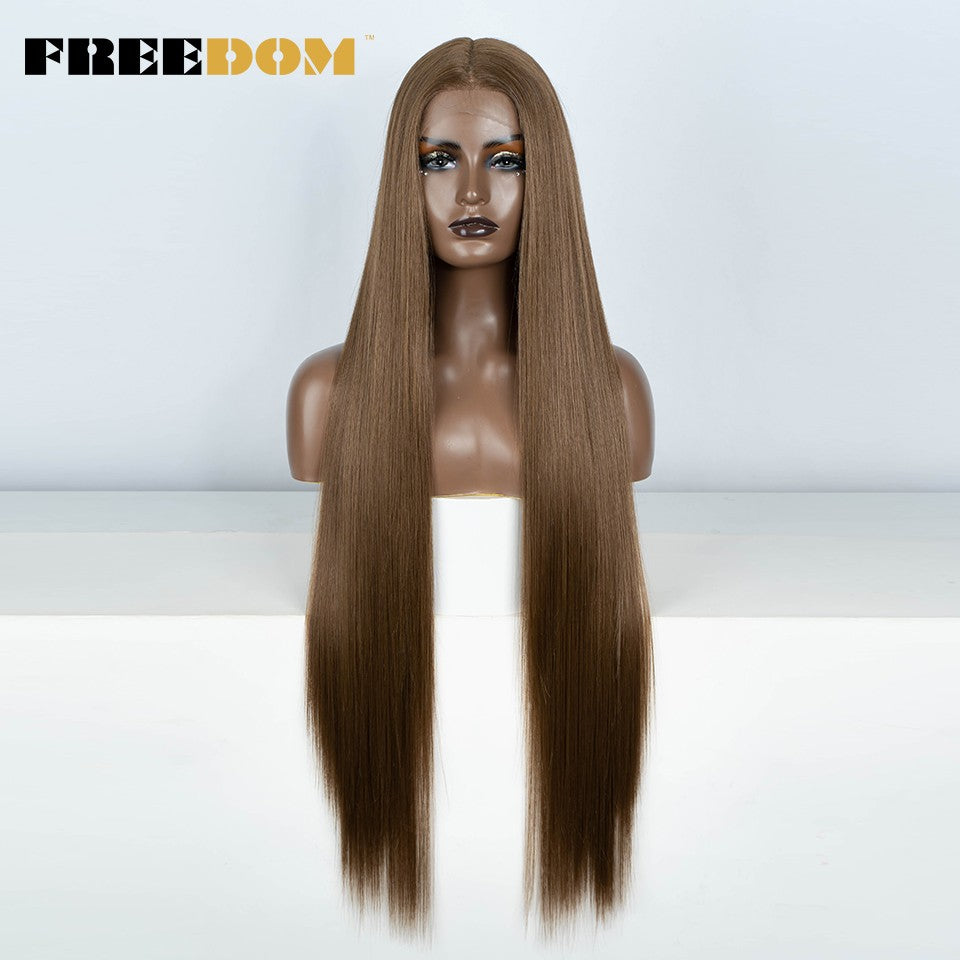 Peruca frontal de renda sintética FREEDOM para mulheres, 38 polegadas, longa, lisa, ombré, marrom, vermelho, gengibre, destaque, perucas frontais de renda, peruca de cosplay