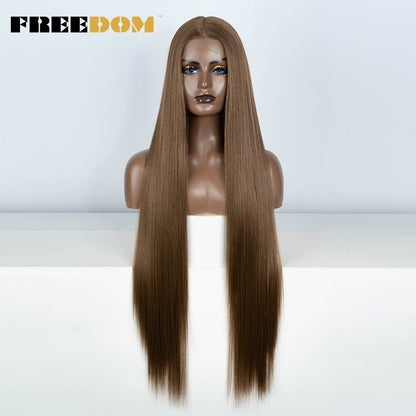 Peruca frontal de renda sintética FREEDOM para mulheres, 38 polegadas, longa, lisa, ombré, marrom, vermelho, gengibre, destaque, perucas frontais de renda, peruca de cosplay