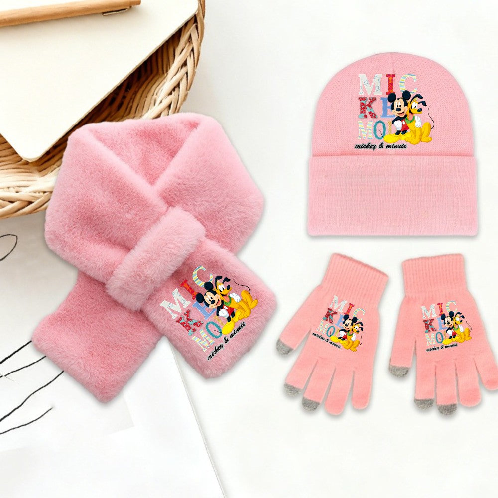 Disney Mickey Minnie 3 Peças Conjunto de Gorro Cachecol Luvas Quente e Macio para Meninas Crianças Moda Inverno Acessórios Casuais Presente de Aniversário Perfeito