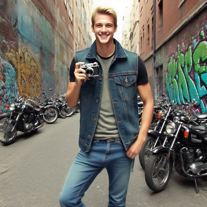 Cowboy vest men's spring and autumn new slim fit denim vest jacket men's casual sleeveless vest denim top with two chest pockets