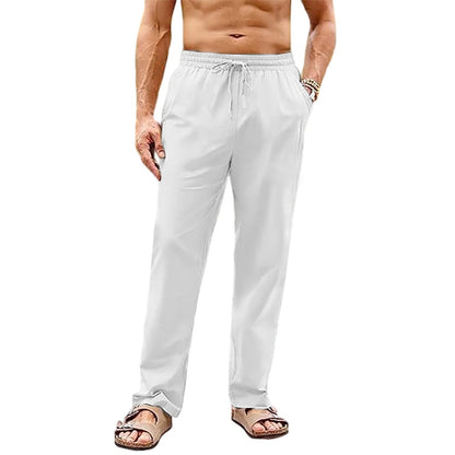 Calça Masculina de Algodão e Linho Pernas Retas Estilo Praia Leve Respirável Casual Com Cordão e Cintura Elástica