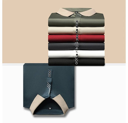 New Men's Long-sleeved Polo Shirt Sweatwear Business Casual Top Fashion Classic Solid Color Male Brand Basic V-neck Top