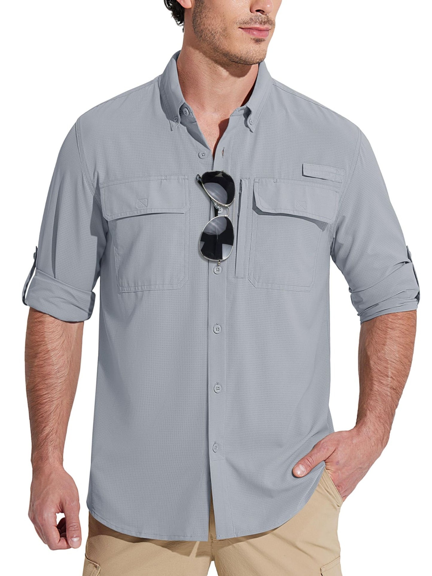 MAGCOMSEN Sun Protection Shirt Quick Dry Long Sleeve Mesh Breathable Shirt Multi Pockets Fishing Shirts Hiking Work Cargo Shirts
