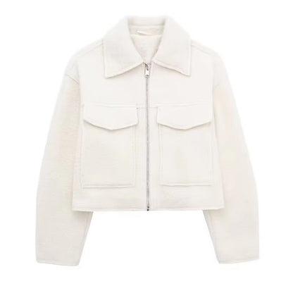 Willshela Women Fashion With Pockets Grey Front Zipper Jackets Vintage Lapel Neck Long Sleeves Female Chic Lady Outfits