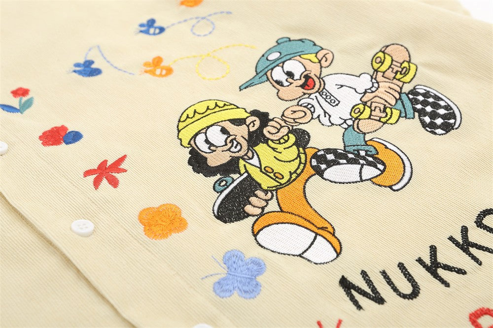 Cartoon Embroidery Cargo Shirts Mens Summer Retro Casual Streetwear Lapel Single Breasted Short Sleeve Shirts Men