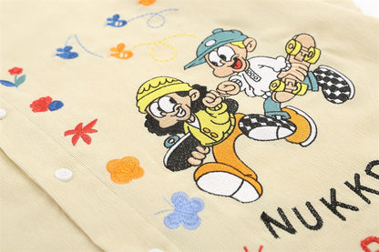 Cartoon Embroidery Cargo Shirts Mens Summer Retro Casual Streetwear Lapel Single Breasted Short Sleeve Shirts Men