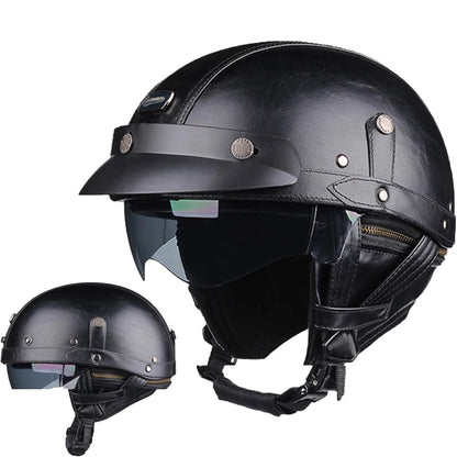 Retro Motorcycle Helmet PU Leather Moto Helmets Men Women Half Helmet HD Lens Casco Four Seasons Riding Scooter Capacetes