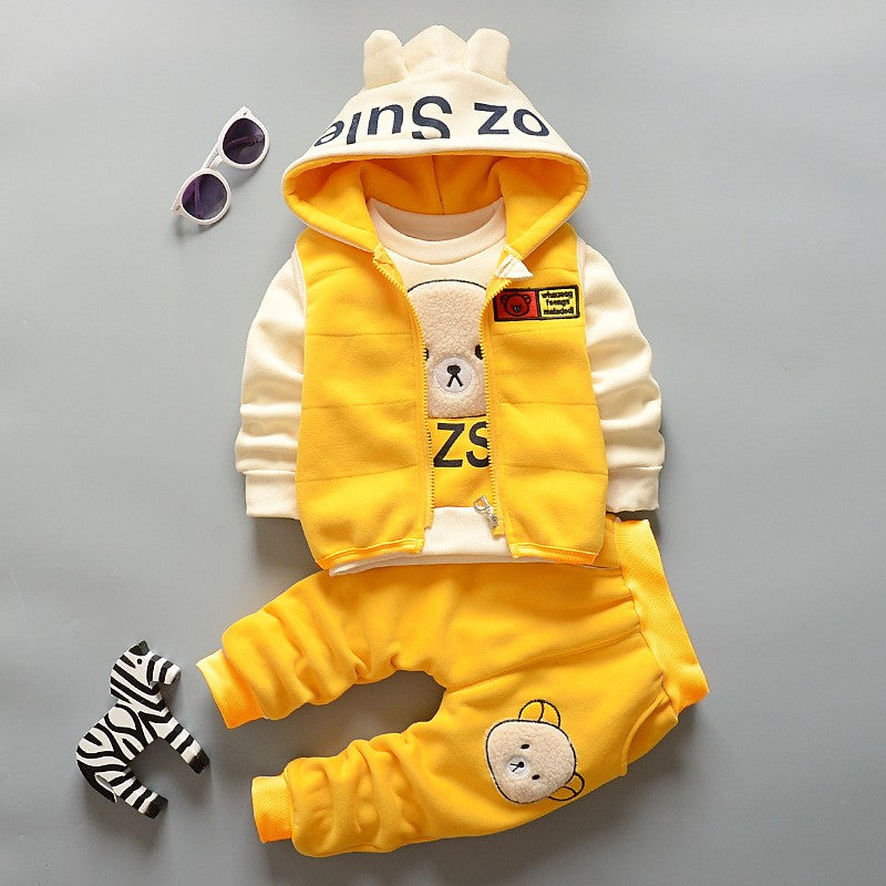 Boys Clothes Suit Autumn Winter Warm Baby Girl Suits Kids Vest+Tops+Pants 3Pcs Children Fashion Cartoon Print Casual Outfits
