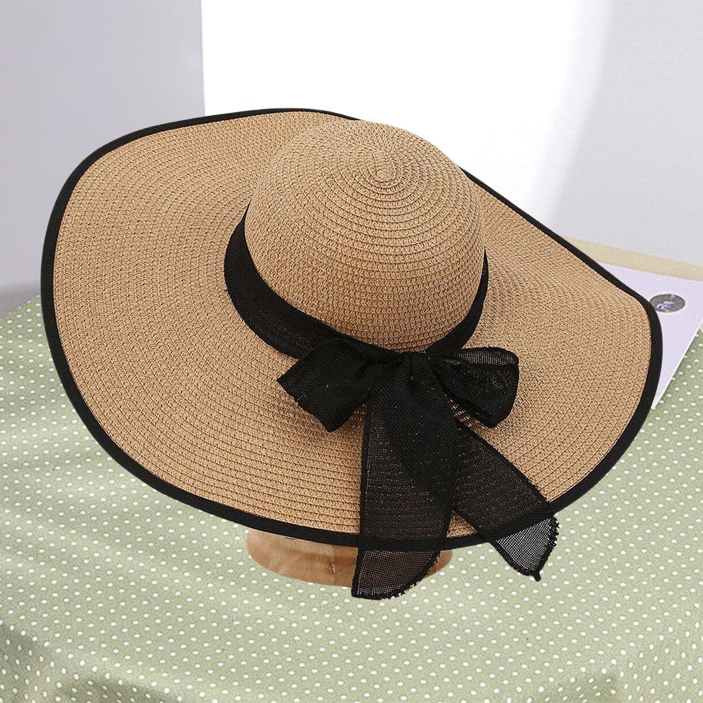 Beach Straw Hat For Women Summer Seaside Vacation Oversized Brim Wweet Bow Lace Edge Sun Protection Hat Foldable