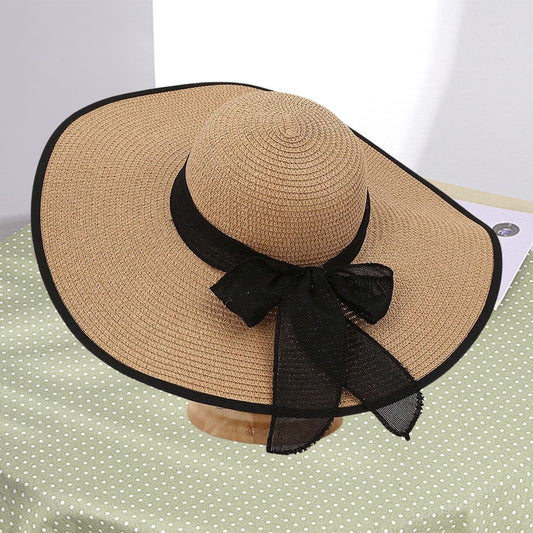 Beach Straw Hat For Women Summer Seaside Vacation Oversized Brim Wweet Bow Lace Edge Sun Protection Hat Foldable