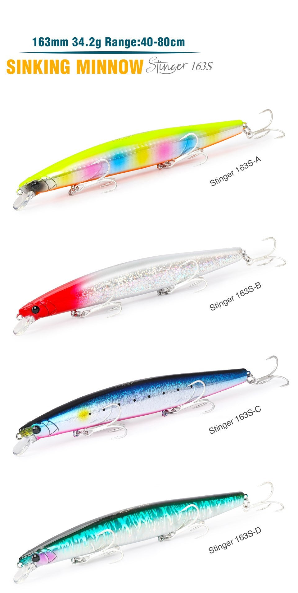 TSURIKNOYA STINGER 163S Isca Artificial Minnow de Fundo para Água Salgada com Lançamento Ultra Longo 163mm 34.2g Iscas Rígidas para Robalo