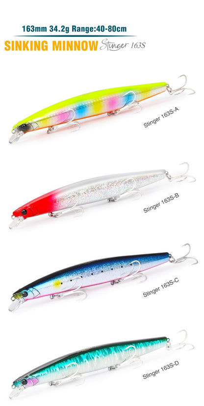 TSURIKNOYA STINGER 163S Isca Artificial Minnow de Fundo para Água Salgada com Lançamento Ultra Longo 163mm 34.2g Iscas Rígidas para Robalo