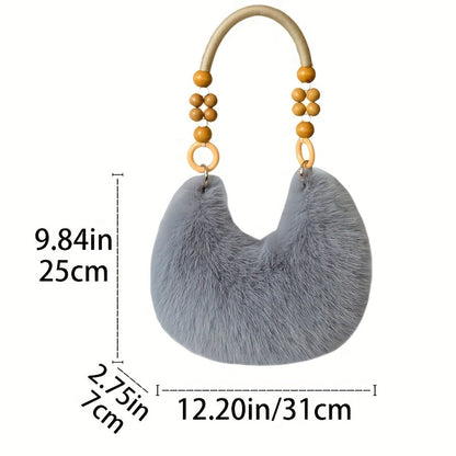 Women's Faux Handbag, Plush Faux Tote Purse with Bead Accented Strap, Zipper Closure Elegant Handbags Shoulder Bags for Everyday