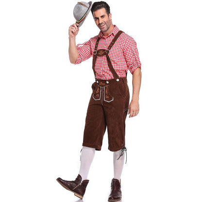 Germany Oktoberfest Costumes Adult Men Traditional Bavarian Beer Shorts Outfit Overalls Shirt Hat Suspenders Set Halloween Cloth