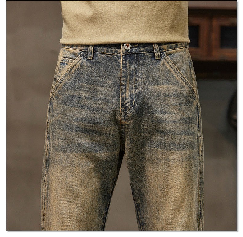 Autumn and Winter Men's Loose 95% Cotton Jeans Retro Yellow Mud  Street Hip-hop Baggy Harem Pants Outdoor Boys Workwear Pants