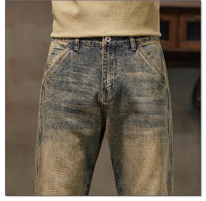 Autumn and Winter Men's Loose 95% Cotton Jeans Retro Yellow Mud  Street Hip-hop Baggy Harem Pants Outdoor Boys Workwear Pants