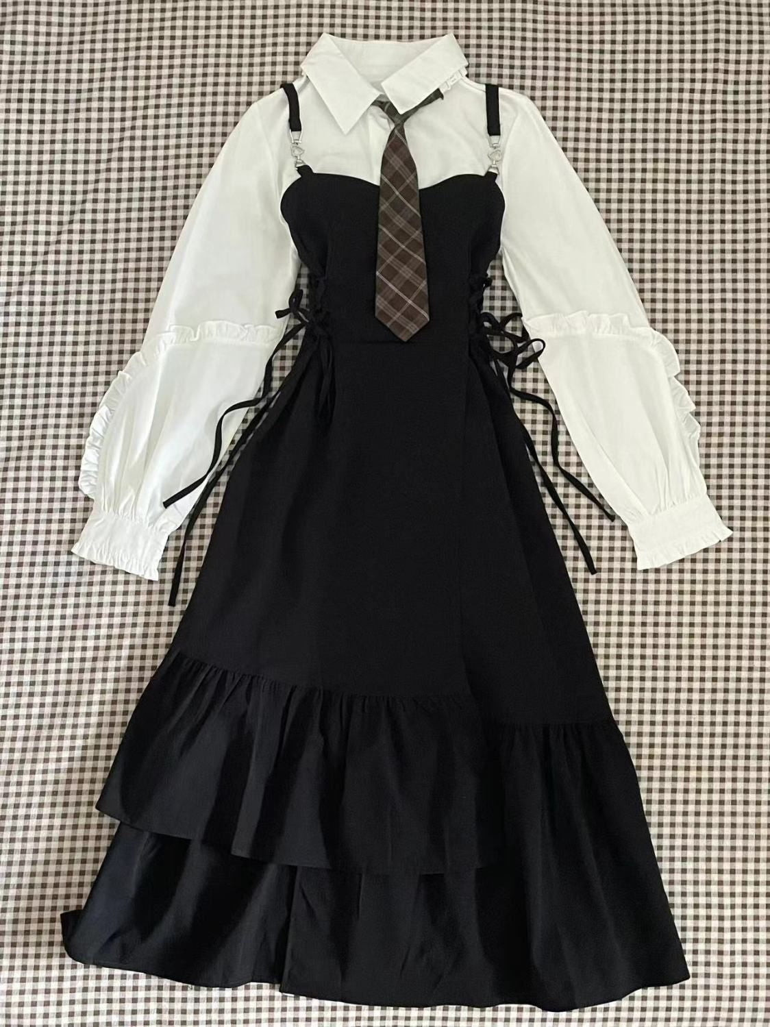 French Vintage Midi Dress Women Casual Evening Party Plaid Dress Office Lady Out