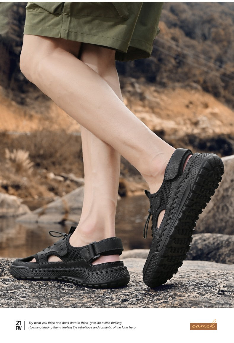 Sandals men's tide summer new style leather toe cap outdoor leisure sports hollow sandals beach shoes Handmade mesh men shoes