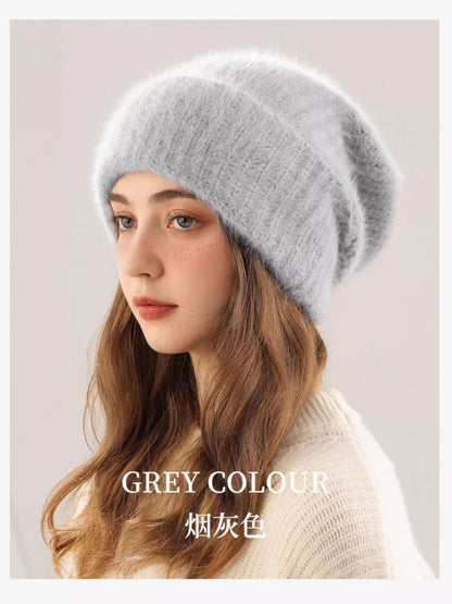 Angora Rabbit Fur Beanies Women's Warm Fluffy Knitted Slouchy Beanie Hat Female Soft Oversize Thermal Hats Autumn Winter