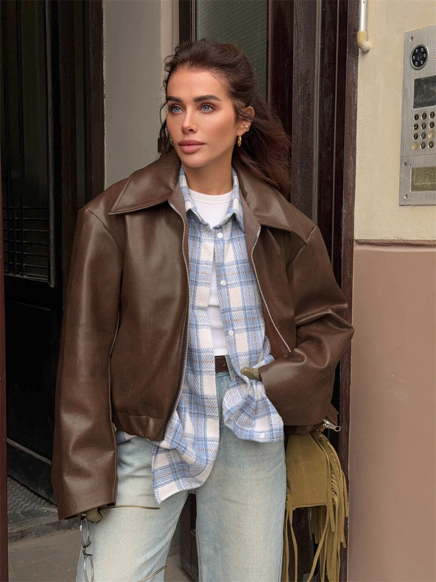 Jaqueta Feminina de Couro Sintético Vermelho Vinho Vintage, Casaco Moderno com Zíper e Lapela, Casacos de Outono Inverno, Blusas Curtas Femininas Estilo Streetwear
