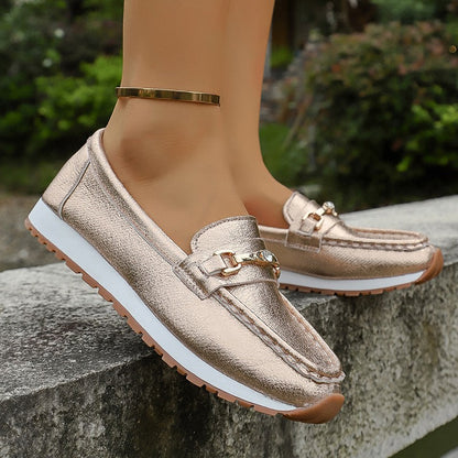 Gold Silver Metal Chain Flats Shoes Women Spring Autumn Plus Size Platform Loafers Woman Slip On Soft Bottom Casual Shoes Female