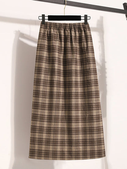Plus Size Skirt Women 2024 Autumn Winter High Elastic Waist A Line Gray Or Khaki Plaid Skirt Korean Casual Long Skirts Womens