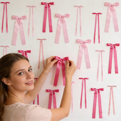 20Pcs Pink Bow Wall Decor, DIY Bow Photo Backdrop for Birthday Wedding Bachelorette Party Home Room Decoration DIY Gifts Ribbon
