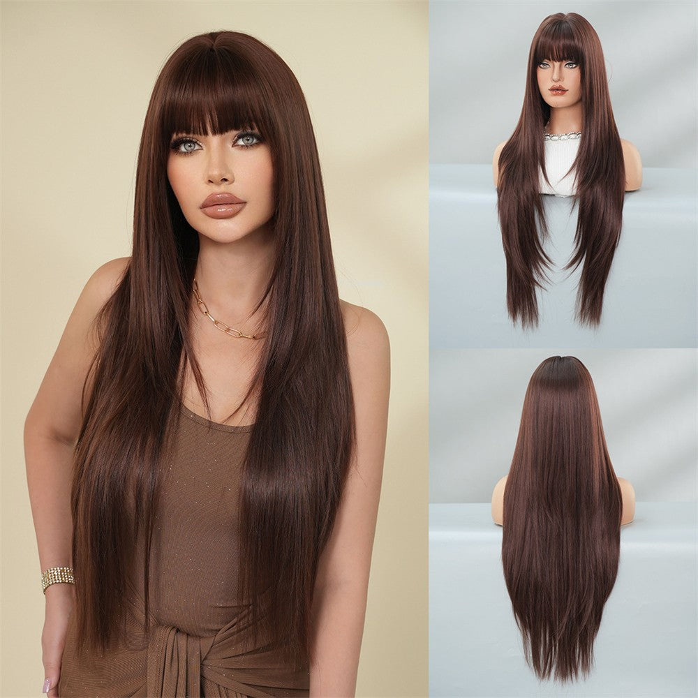 Peruca feminina dourada e branca, moderna com cabelo liso ultralongo, peruca preta completa, com franja e cobertura total da cabeça,