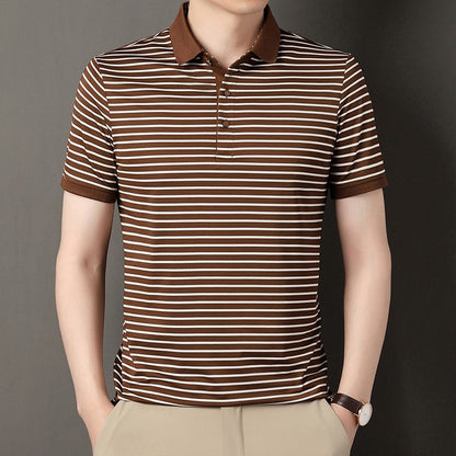 2024 Men's New Striped Cotton Business Casual Short Sleeved POLO Shirt Fashion Short Sleeved Comfortable and Breathable Top