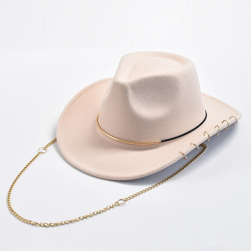 Chapéus Fedora Retrô Femininos Masculinos Chapéu de Jazz em Feltro com Corrente de Metal Aba Curva Chapéu de Cowboy Ocidental Sombrero Hombre