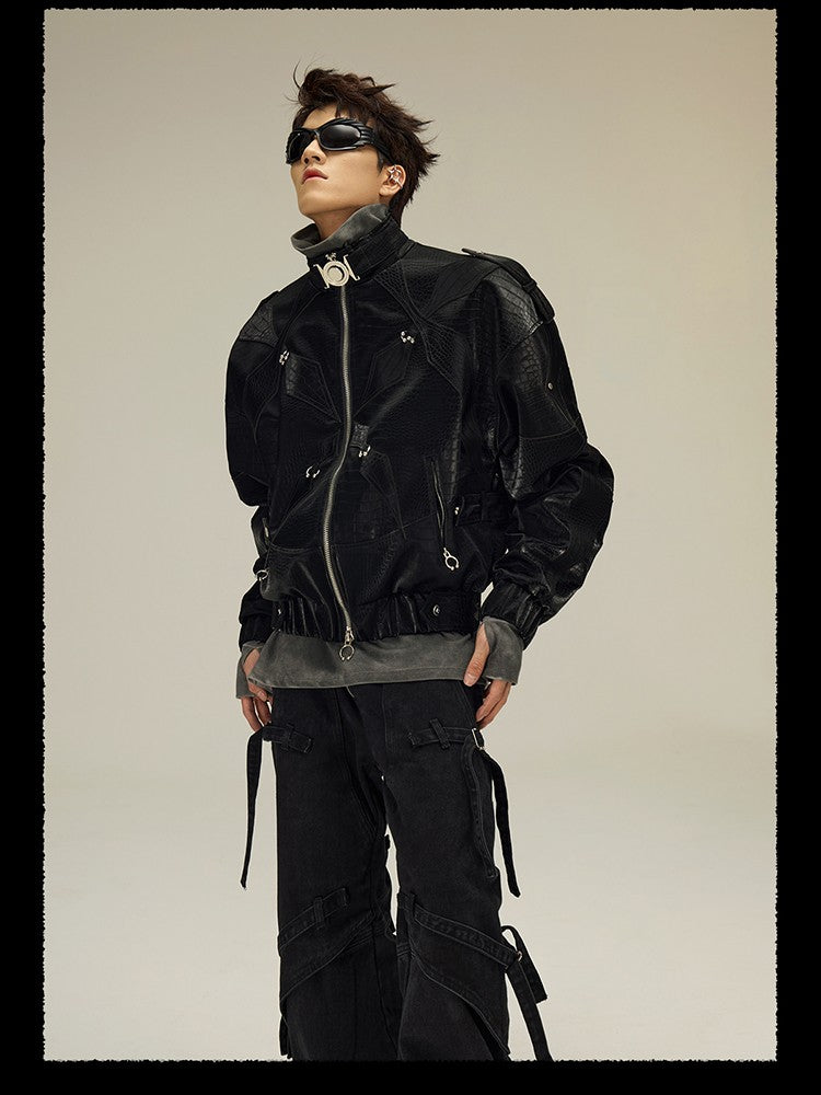 Mauroicardi Spring Autumn Cool Short Shiny Black Crocodile Print Pu Leather Jacket Men Luxury Designer Y2K Streetwear Clothes