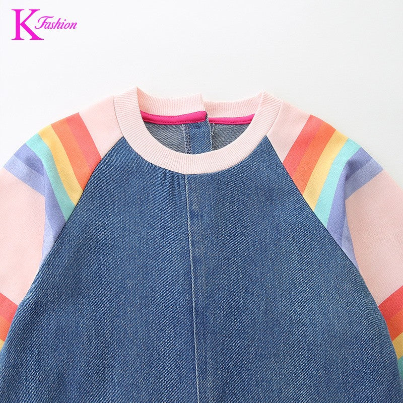 New Girls' Dress  Round Neck Children's Princess Dress Denim Fabric Toddler Kids Clothing 4-8Y