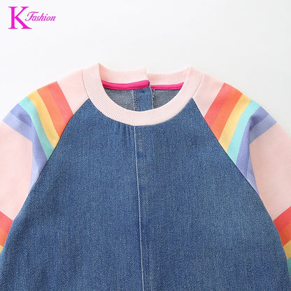 New Girls' Dress  Round Neck Children's Princess Dress Denim Fabric Toddler Kids Clothing 4-8Y