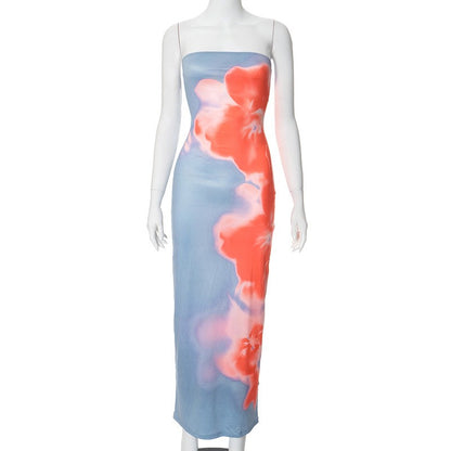 Sexy Strapless Print Tube Maxi Dress Women Off Shoulder Backless Stretch Long Su