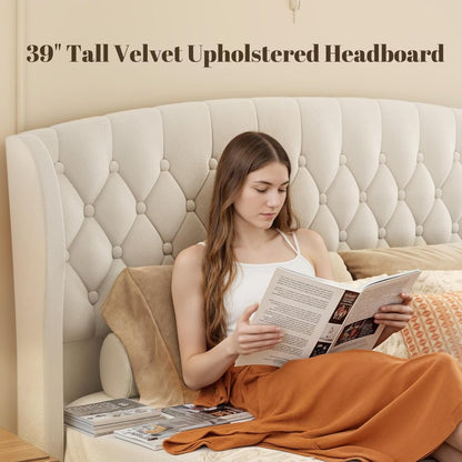 Cama Queen, Estrutura de Cama Estofada em Veludo de 99cm de Altura com Cabeceira e Peseira em Sleigh, Não Requer Box Spring,