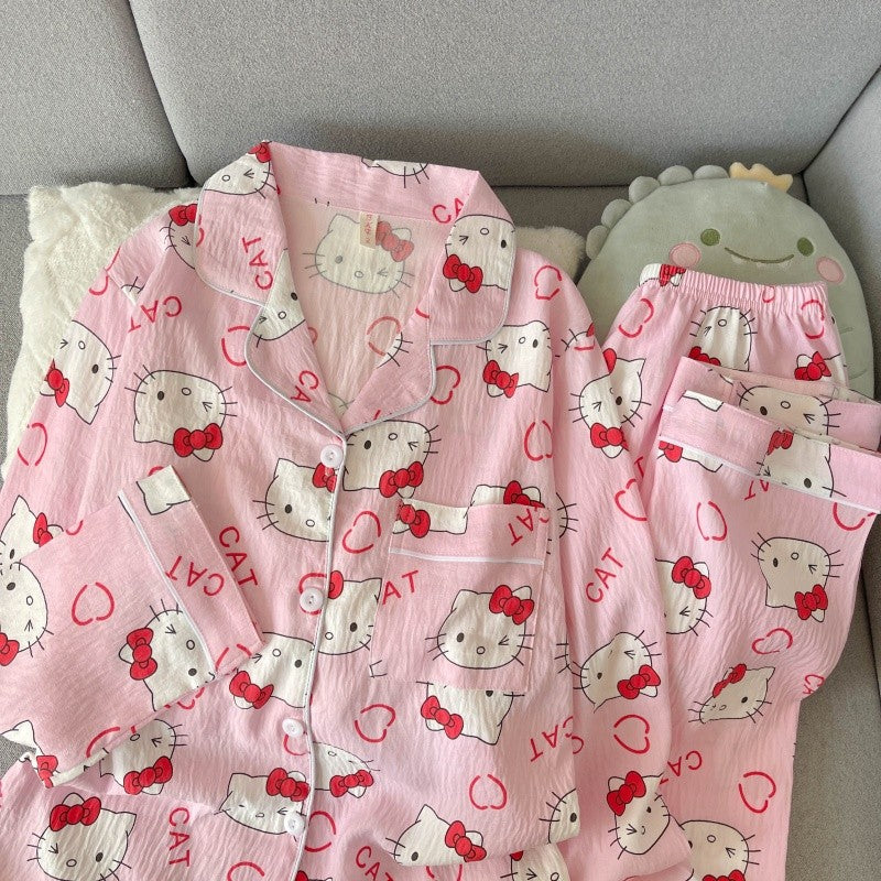 Cartoon Hello Kitty Pajamas Set Women's Autumn Winter Long Sleeve Loungewear Pink Cute Sleepwear Kawaii Soft Homewear Outfit