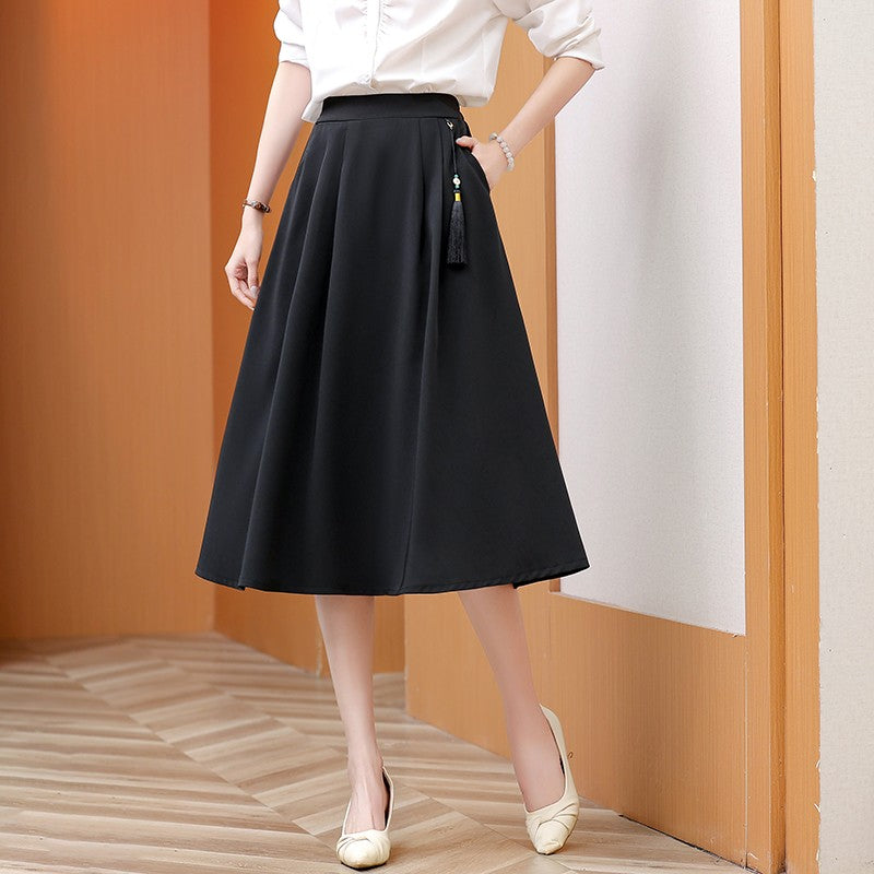 2024 New Solid Color Fringe Skirt Summer Classic Clothing Women's Loose Plus Size Skirt New Street Elegance Calf Belly Skirt